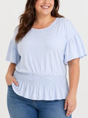 INC International Concepts Light Blue Smocked Peplum Top 2X Cotton Boho Blouse